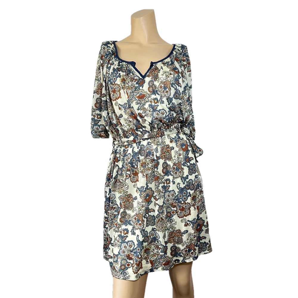Mango Peasant Minimalist Blue Floral Dress Small Lined Keyhole Cinched Sleeve
